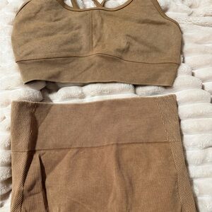 JoyLab Seamless Ribbed Bralette and Skirt Set — Tan